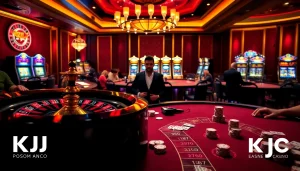 KJC members enjoying a high-stakes game at a luxurious casino, with vibrant roulette wheel and poker tables.
