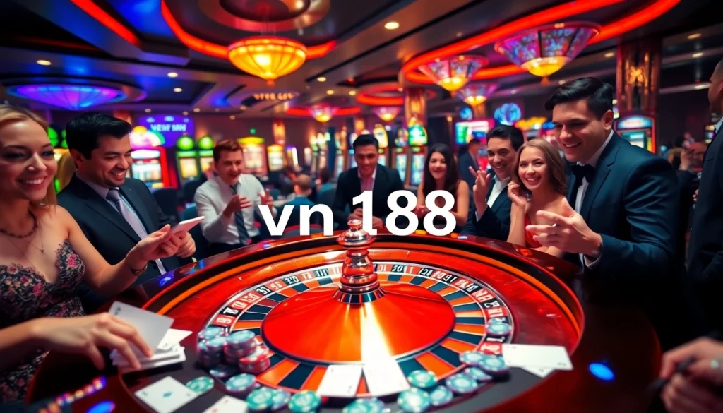 Gamble on vn168: Vibrant casino scene with roulette wheel and excited players.