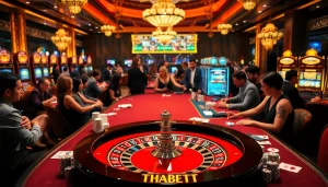 Experience the thrill of thabet casino with vibrant tables, players, and exciting slot machines.