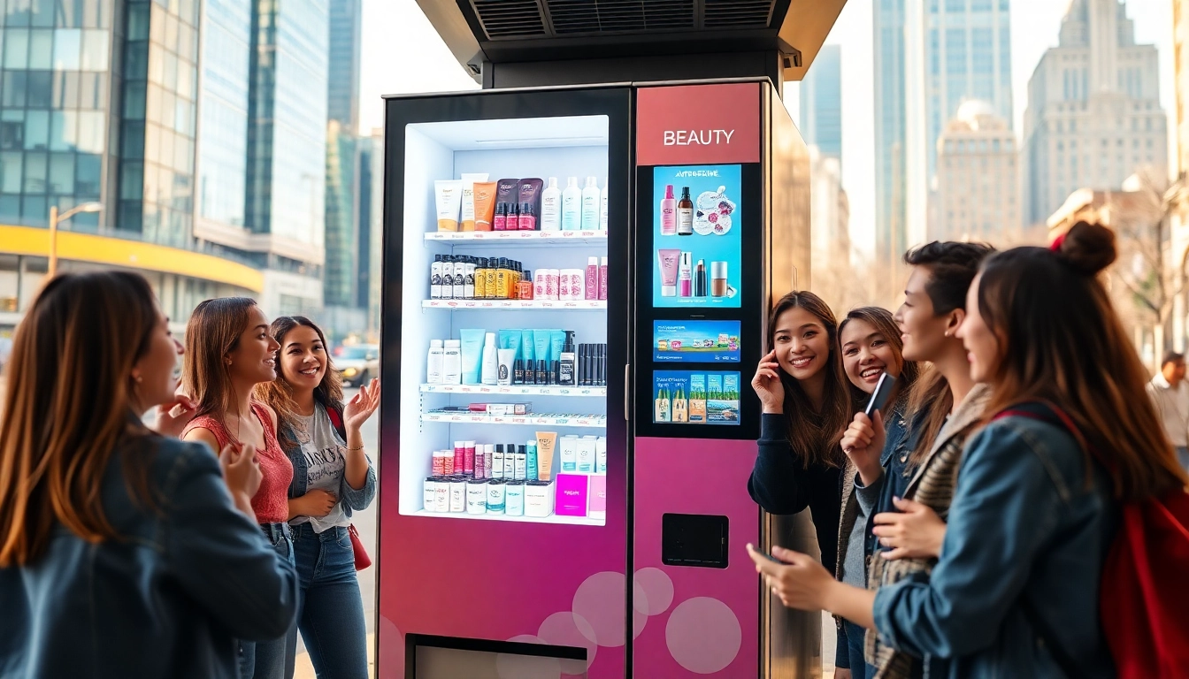 Beauty vending machine dispensing skincare and cosmetics in an urban setting, attracting young customers.