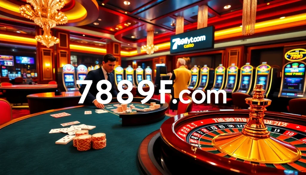 Experience thrilling moments at 789f com's luxurious casino with poker tables and vibrant slot machines.
