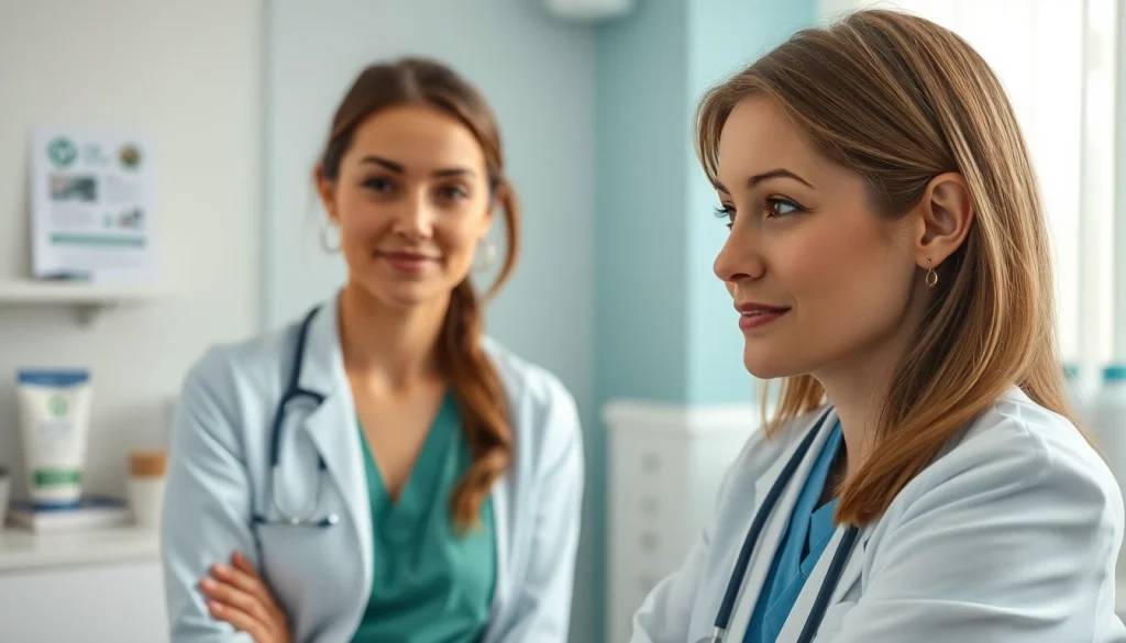 モダンなクリニックでの女性の薄毛治療に関するカウンセリング。専門性とケアを示しています。