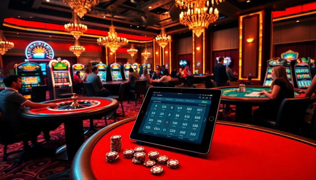Players enjoy a thrilling game at a new88bet casino table, surrounded by vibrant slot machines and poker chips.