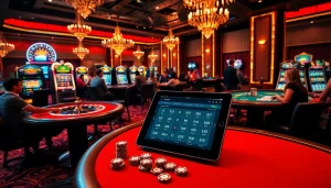 Players enjoy a thrilling game at a new88bet casino table, surrounded by vibrant slot machines and poker chips.