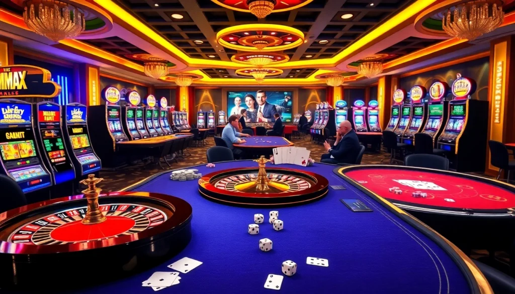 Experience thrilling gambling at VMAX Game, showcasing live casino action with vibrant slot machines and exciting table games.