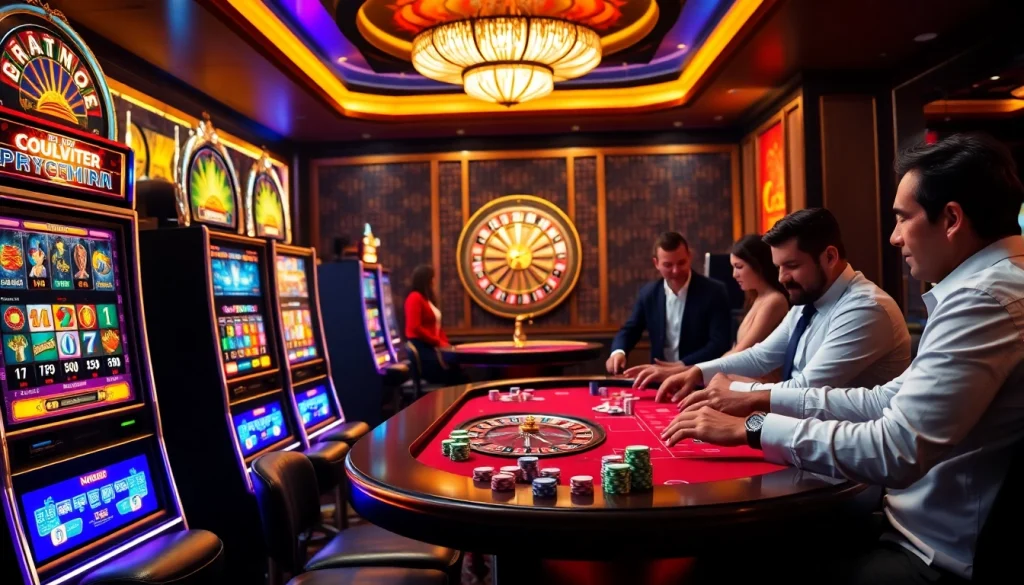 Nohu90 casino scene featuring vibrant slot machines and a professional gaming table with excited players.