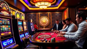 Nohu90 casino scene featuring vibrant slot machines and a professional gaming table with excited players.