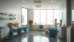 現代的な待合エリアと患者とのカウンセリングを特徴とする矯正歯科クリニック。矯正歯科サービスを強調。