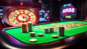 Experience thrilling gambling action with RR88 at a luxurious casino table surrounded by vibrant chips and cards.