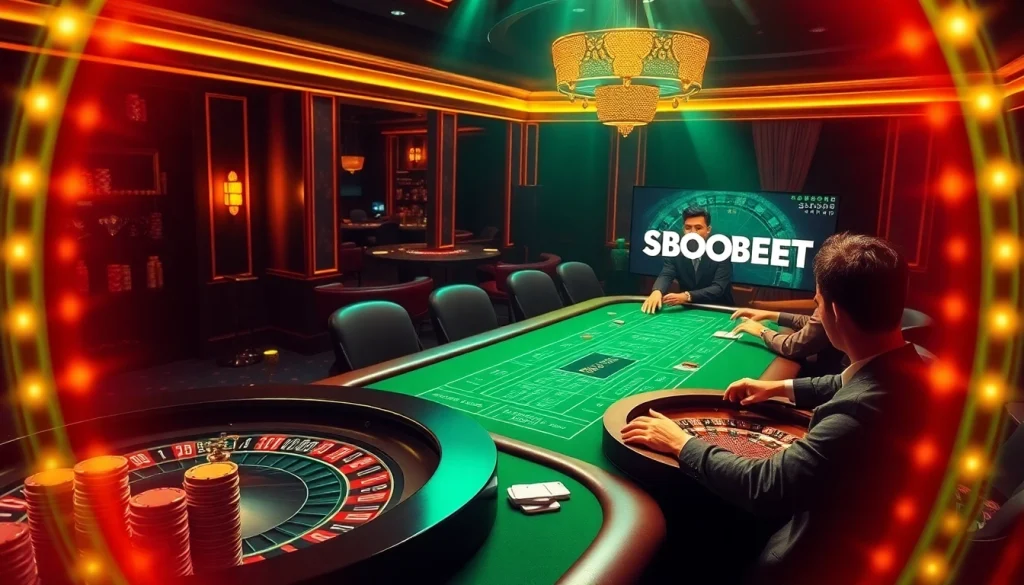 SBOBET offers an exciting casino experience with poker chips and a roulette wheel in action.