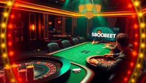 SBOBET offers an exciting casino experience with poker chips and a roulette wheel in action.