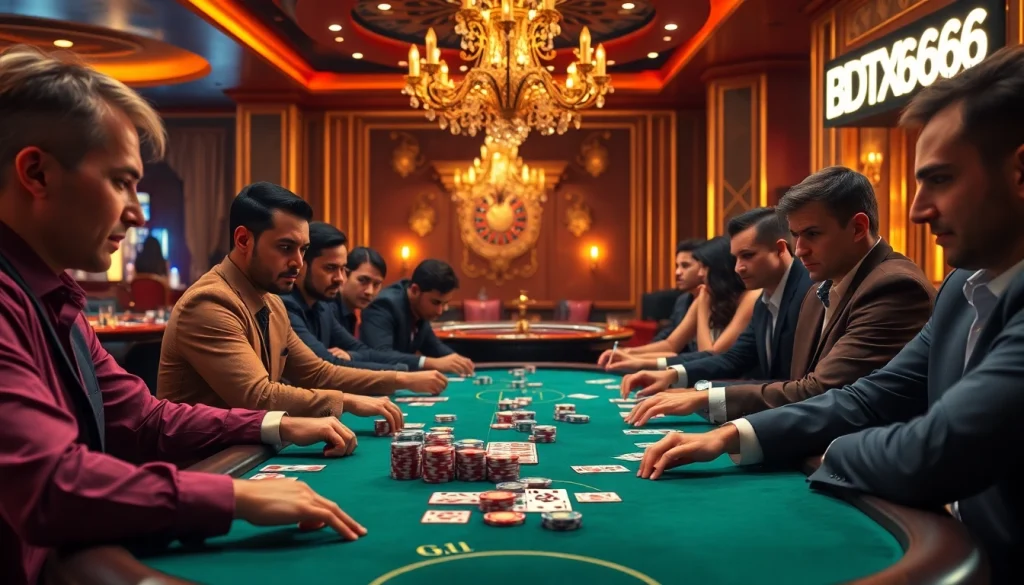 High-stakes poker gameplay with BDTK666 betting options, showcasing intense gambler focus and luxury.