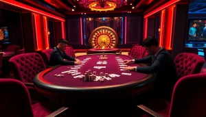 Players enjoy a thrilling poker game at RR88.navy's luxury casino table, immersed in excitement.