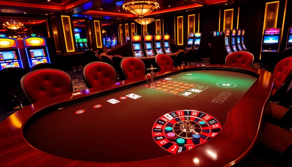 SODO-themed poker table with vibrant chips and illuminated cards in a luxurious casino setting.