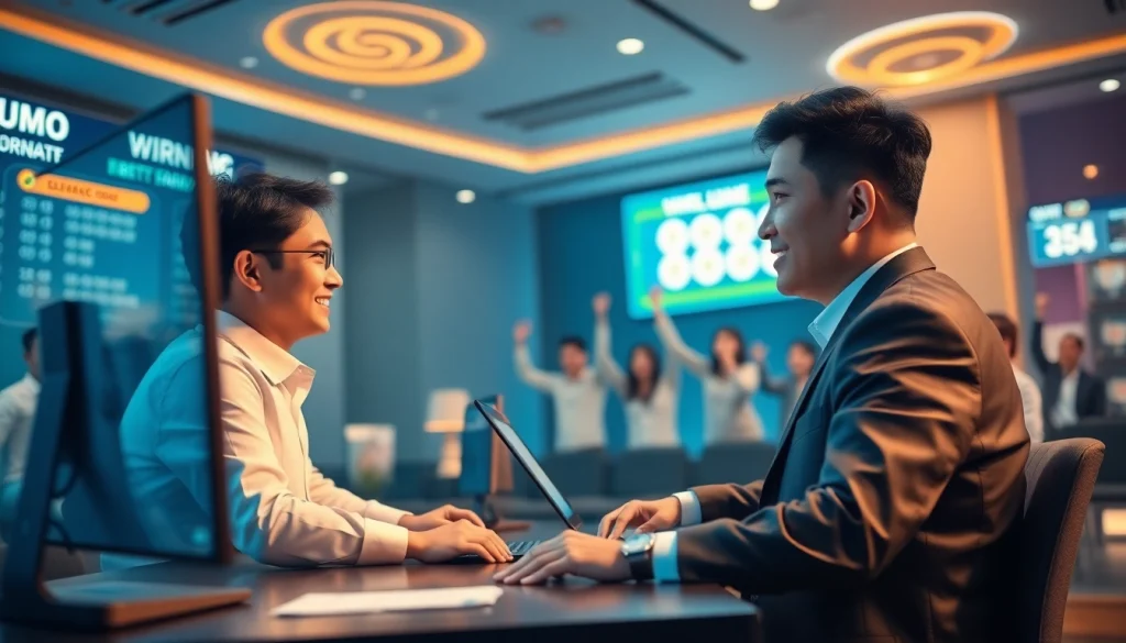 Adegan permainan Togel Sumo online yang menampilkan seorang dealer profesional dan pemain yang terlibat, merayakan kemenangan.