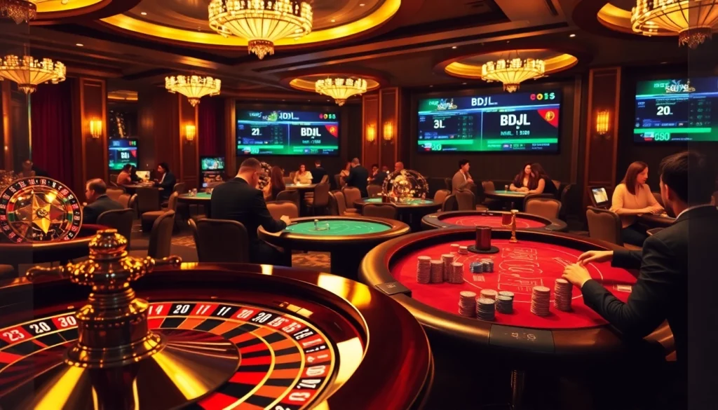 Experience thrilling gameplay at BDJL casino tables, featuring polished poker chips and a vibrant roulette wheel.