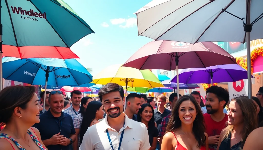 Personalizuoti skėčiai su logotipu didina prekės ženklo matomumą lauko renginyje.