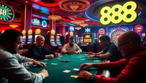 Experience the thrill of gaming at the J88 casino with vibrant action around the poker table.