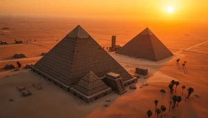 Experience the majestic https://piraminds.com/ with a breathtaking view of the Great Pyramids set against a dramatic sunset.