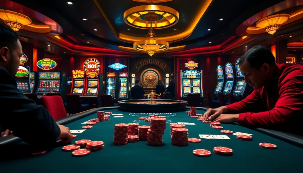 Players enjoying an exciting game session at the xx88 poker table, surrounded by vibrant casino elements.