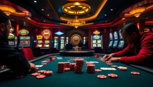 Players enjoying an exciting game session at the xx88 poker table, surrounded by vibrant casino elements.