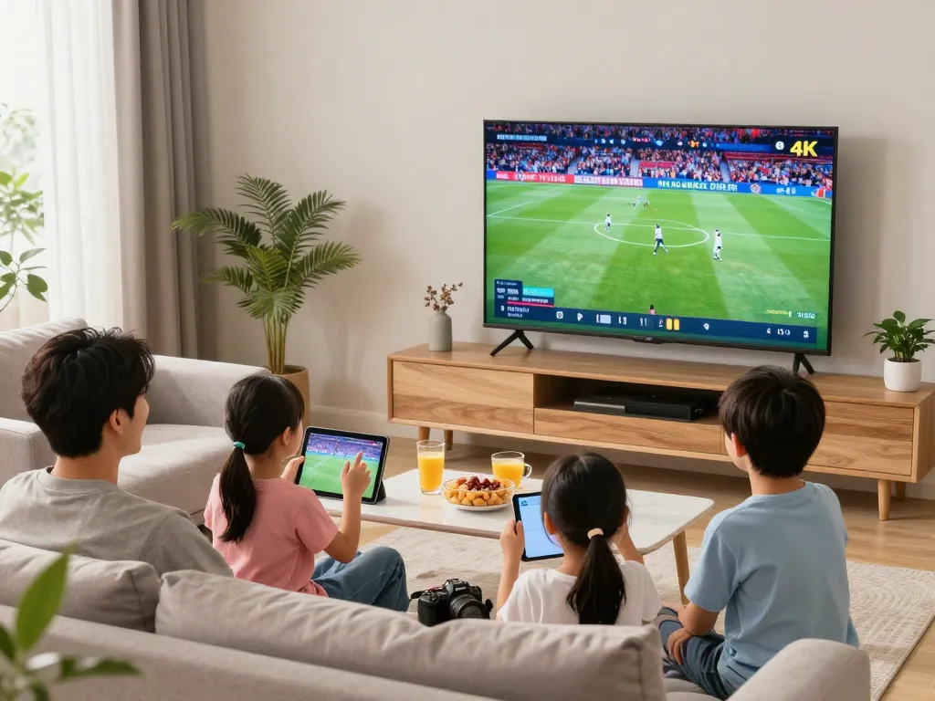 Gezin geniet van IPTV Nederland streaming in een gezellige woonkamer met 4K TV-display.