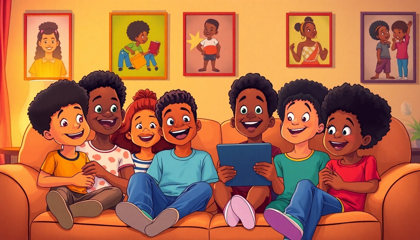A diverse group of children enjoying African American cartoons together in a cozy living room setting, capturing joy and nostalgia.