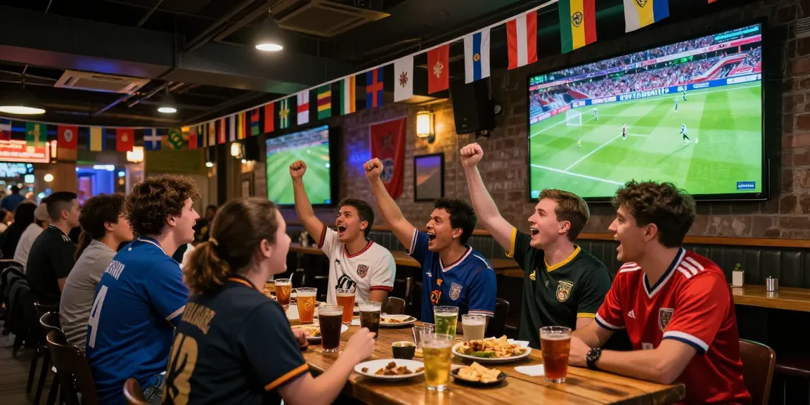 Nonton bola di bar olahraga dengan penggemar antusias merayakan gol.